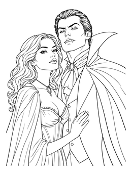 A romantic gothic vampire coloring page featuring an elegant vampire lord and a lovely lady.
