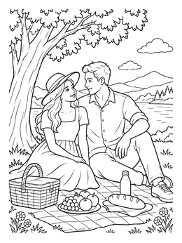 Free printable Romantic Lakeside Picnic Under A Tree coloring page