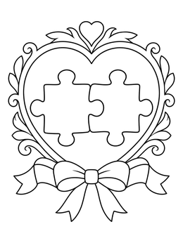 Two puzzle pieces inside an ornate heart frame in this romantic coloring page.