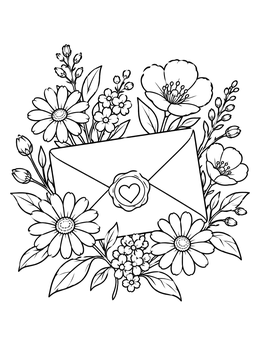 A romantic coloring page featuring a sealed love letter surrounded by blooming wild blossoms.