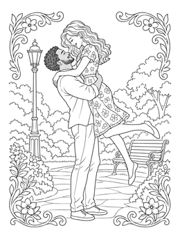 A man lifts a happy woman in a romantic coloring page set in a scenic park.