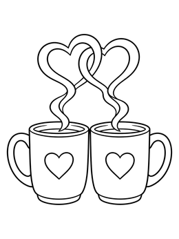 A romantic coloring page featuring two coffee mugs with heart-shaped steam interlocking above them.