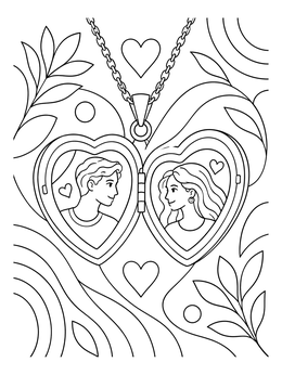 An open heart-shaped necklace displaying a couple inside this romantic coloring page.