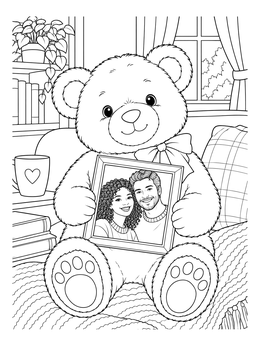 A romantic coloring page of a cuddly teddy bear holding a framed picture of a happy couple.