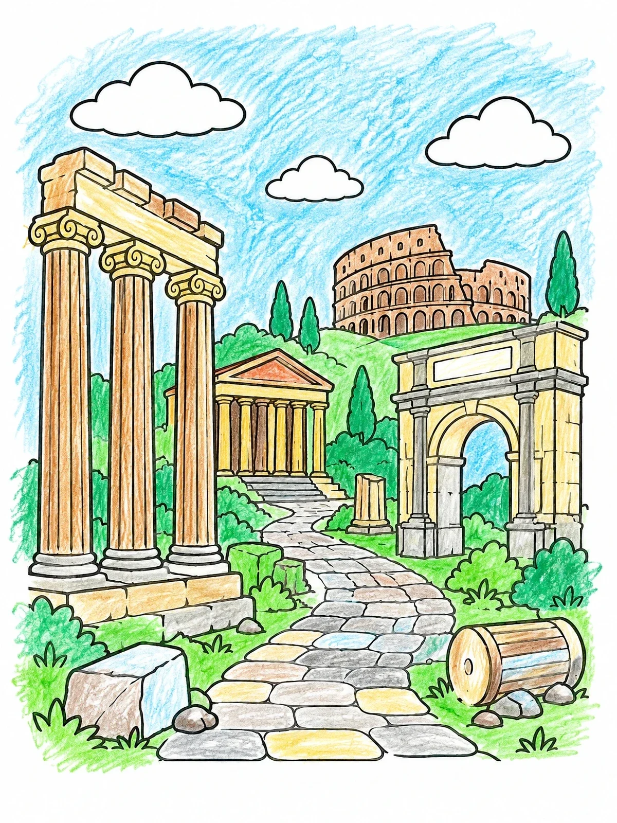 Colored example of the Ancient Roman Ruins And Colosseum coloring page