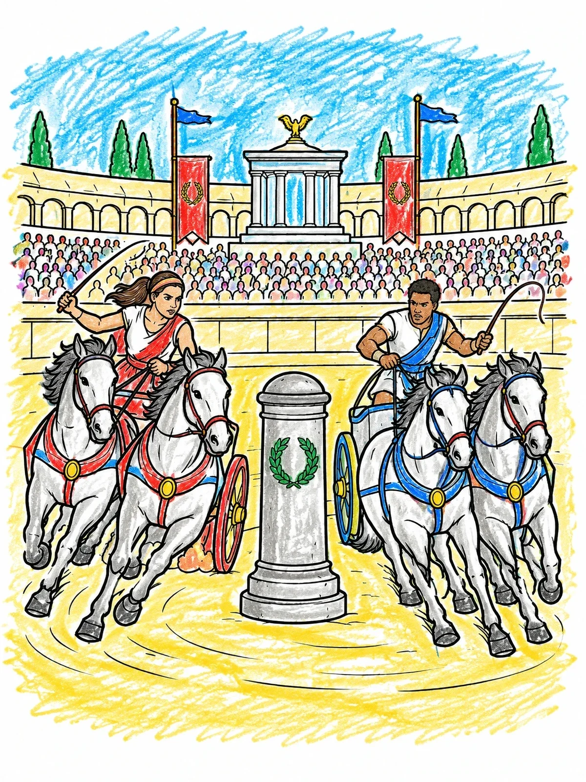 Colored example of the Roman Chariot Race In Circus Maximus coloring page