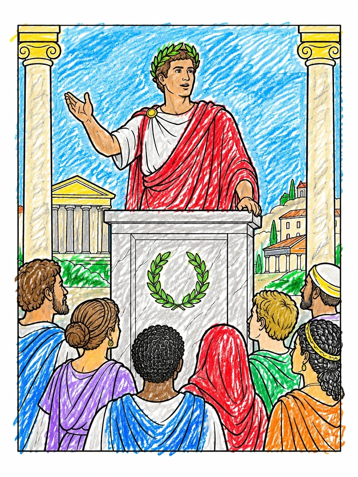 Colored example of the Roman Emperor Addressing The Citizens coloring page