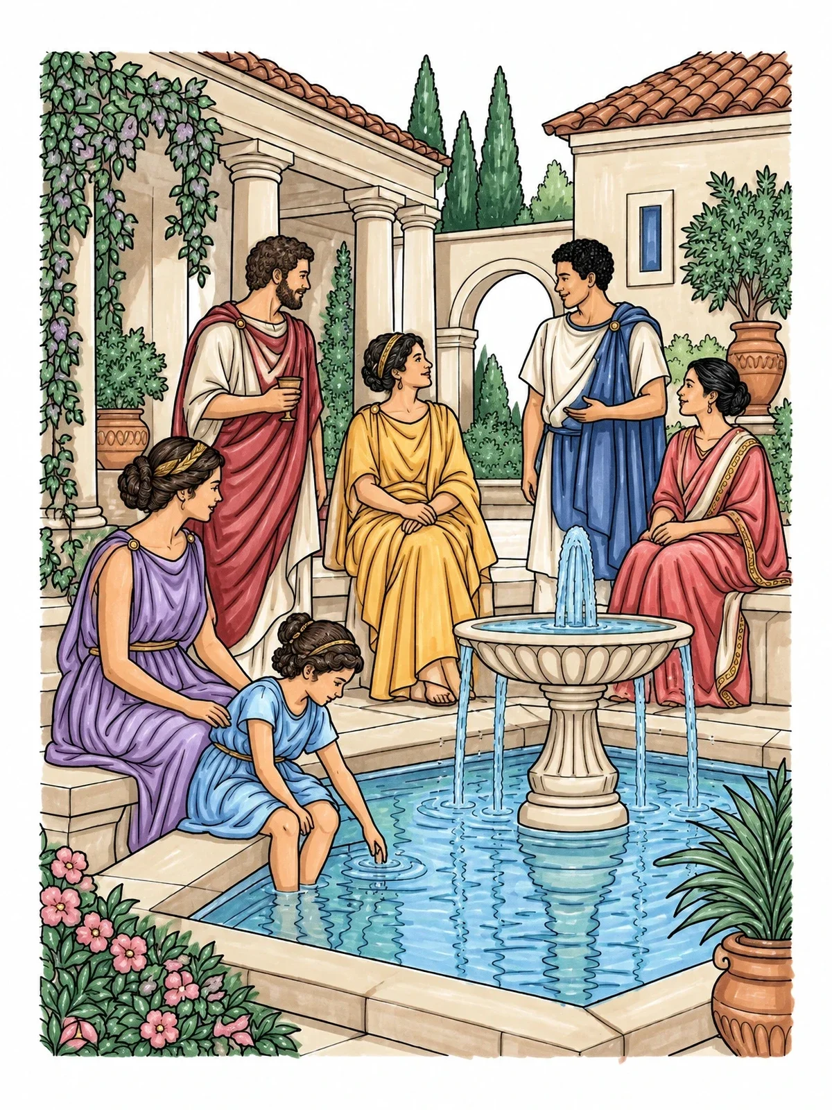 Colored example of the Roman Family By The Courtyard Fountain coloring page