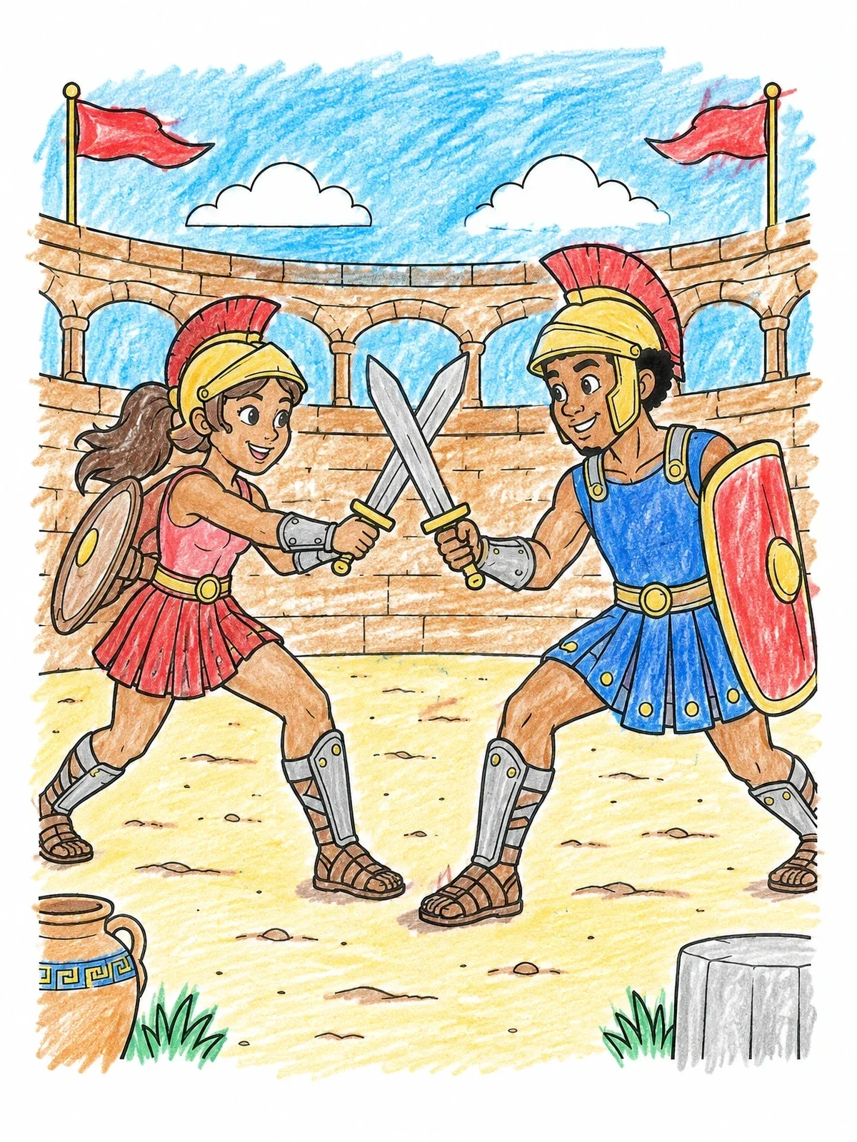 Colored example of the Gladiators Sparring In Ancient Colosseum coloring page