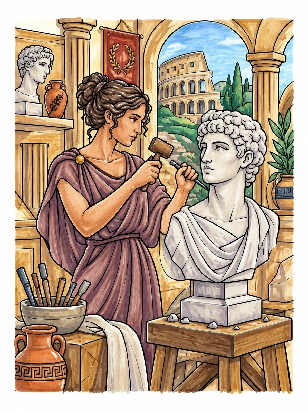 Colored example of the Roman Sculptor At Work coloring page