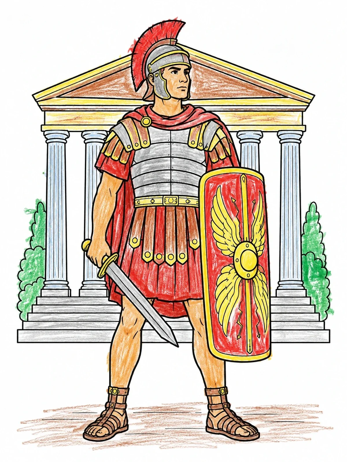 Colored example of the Roman Soldier In Front Of Temple coloring page