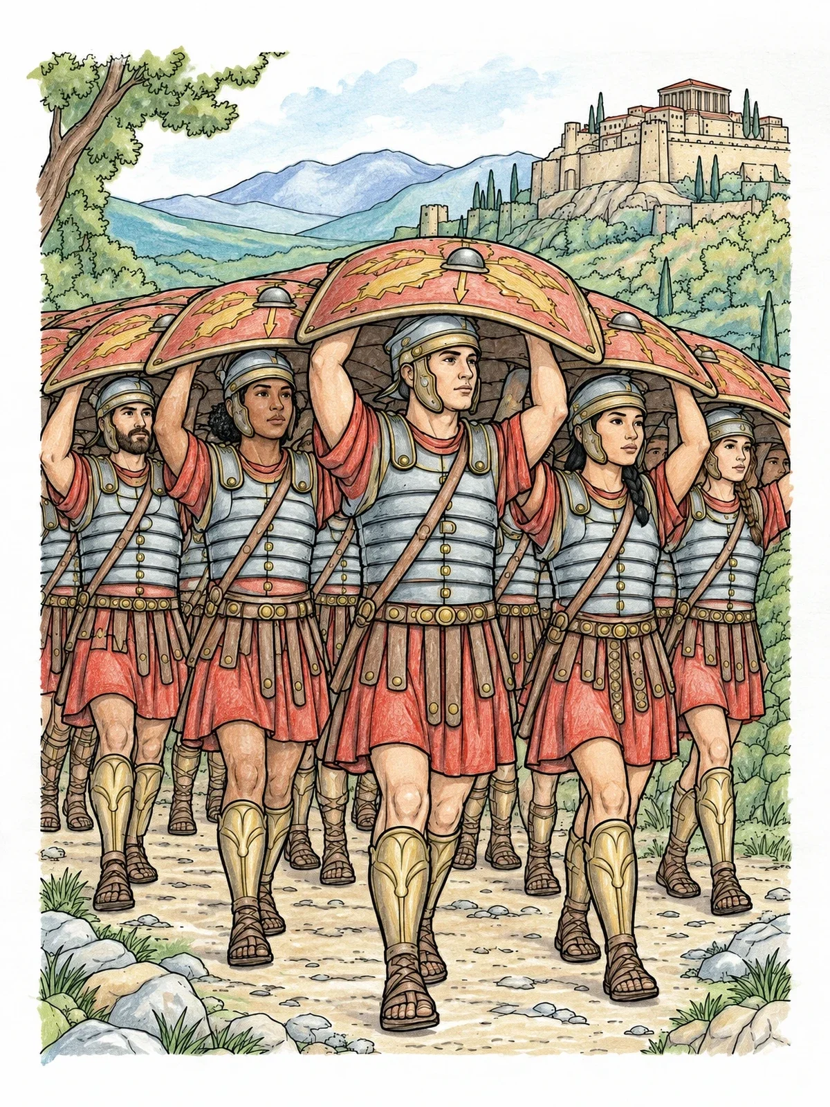 Colored example of the Roman Soldiers In Shield Formation coloring page
