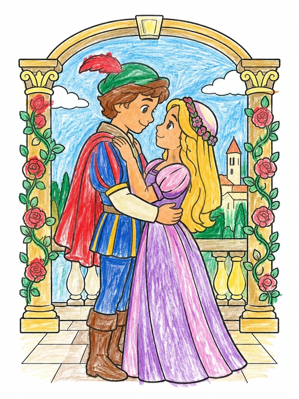 Colored example of the Romeo And Juliet Romantic Balcony Scene coloring page