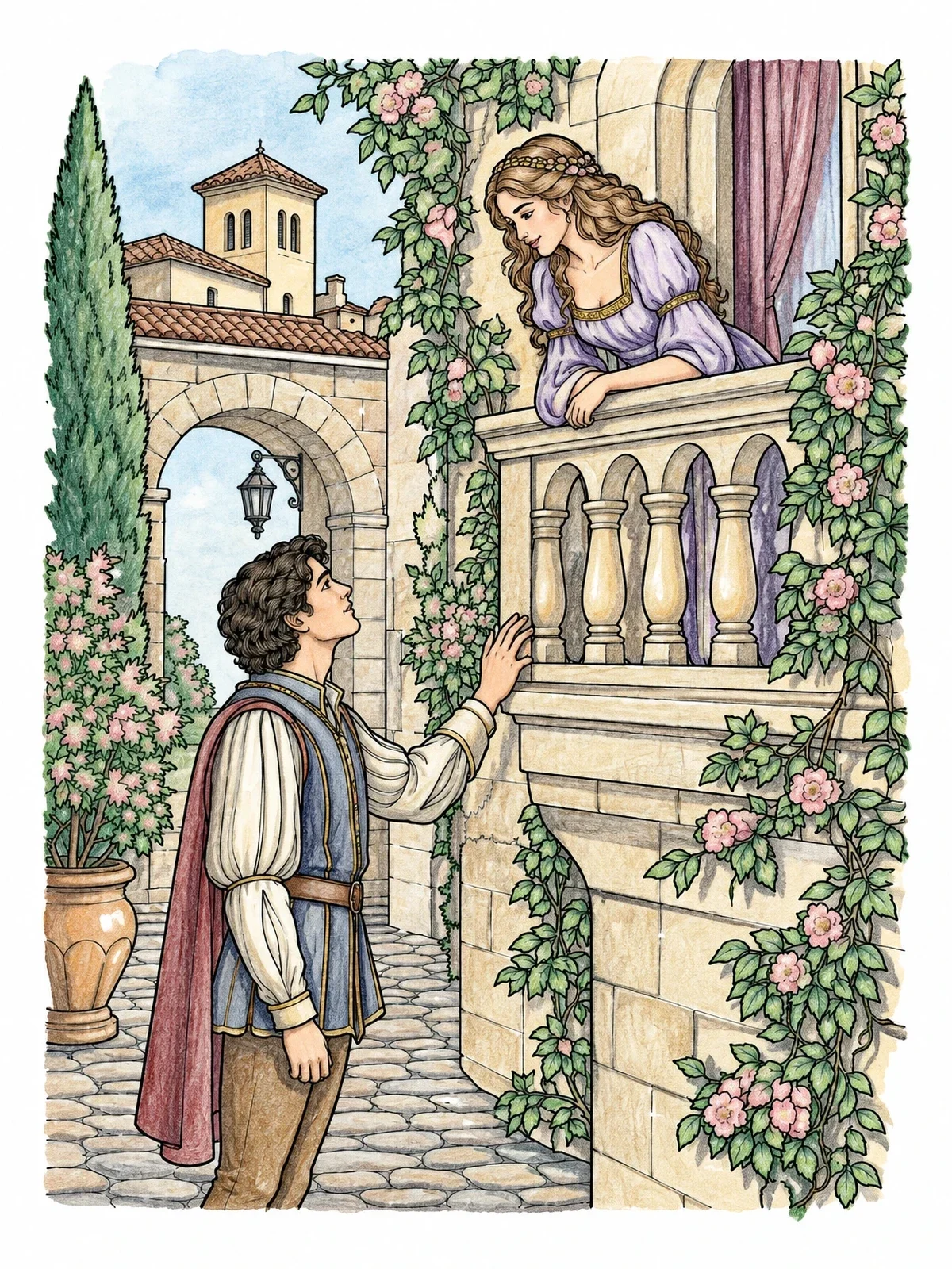 Colored example of the Romeo And Juliet Balcony Scene coloring page