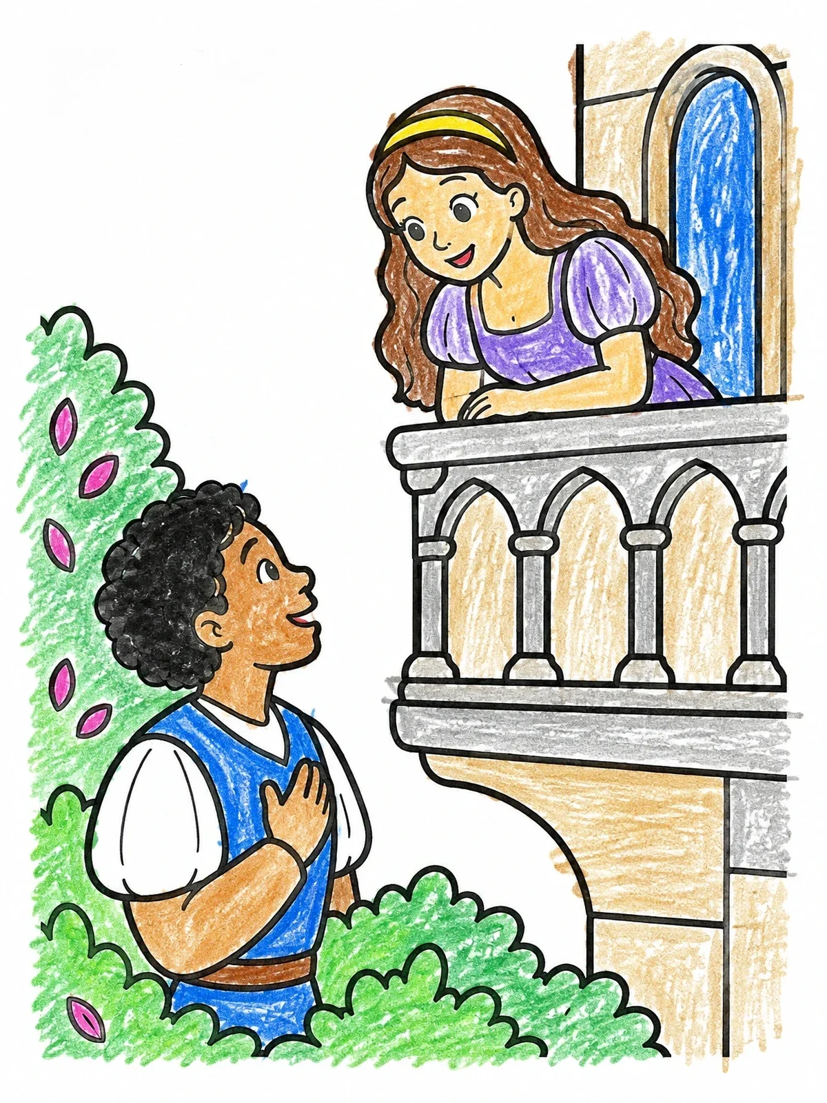 Colored example of the Romeo And Juliet Balcony Scene coloring page