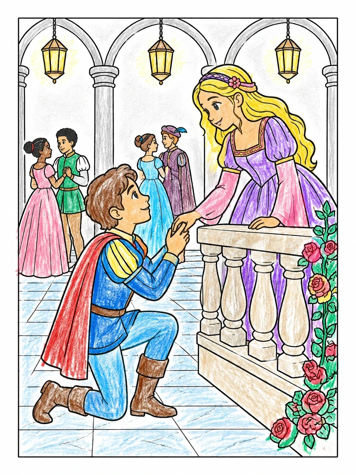 Colored example of the Romeo Kneeling Before Juliet At The Balcony coloring page