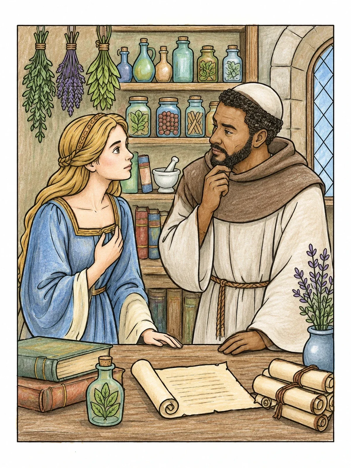 Colored example of the Juliet And Friar Laurence In The Apothecary coloring page