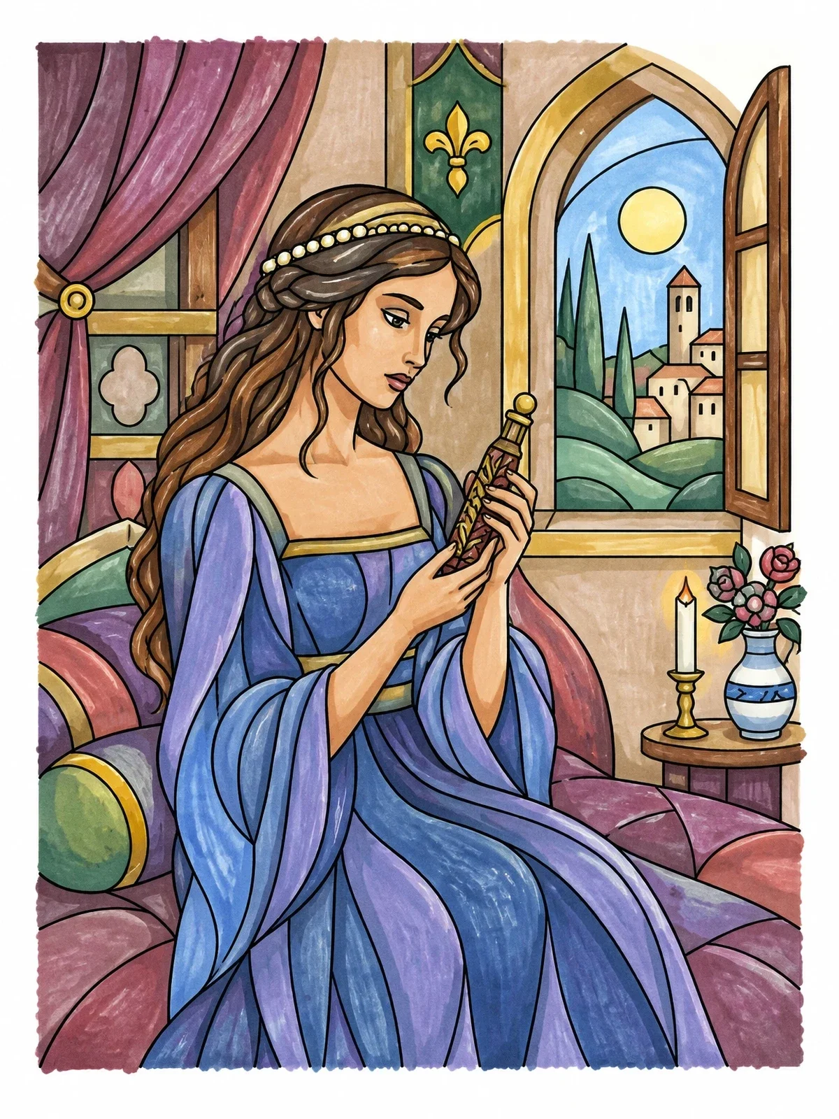Colored example of the Juliet With The Potion Vial coloring page