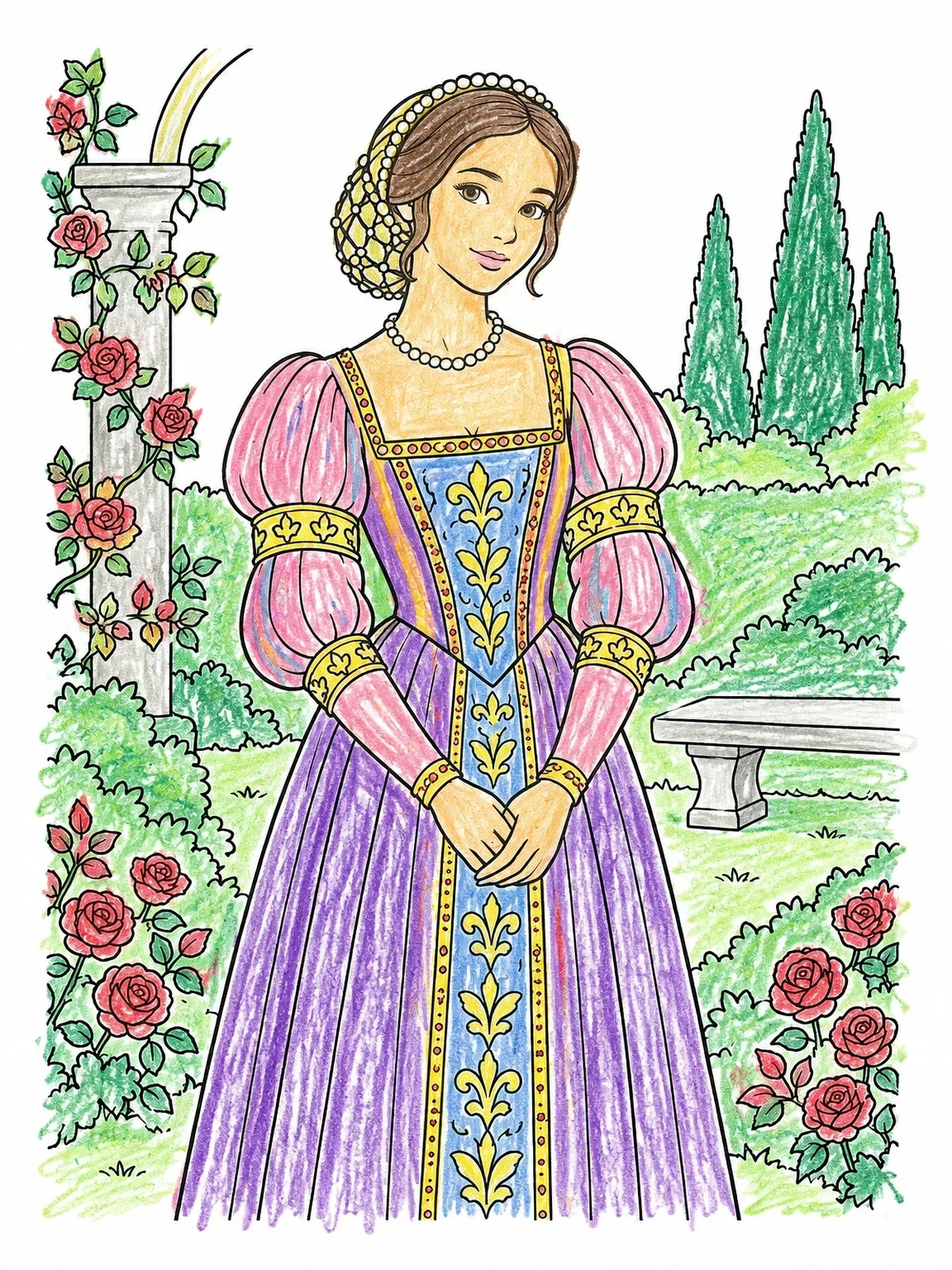 Colored example of the Juliet In A Renaissance Garden coloring page