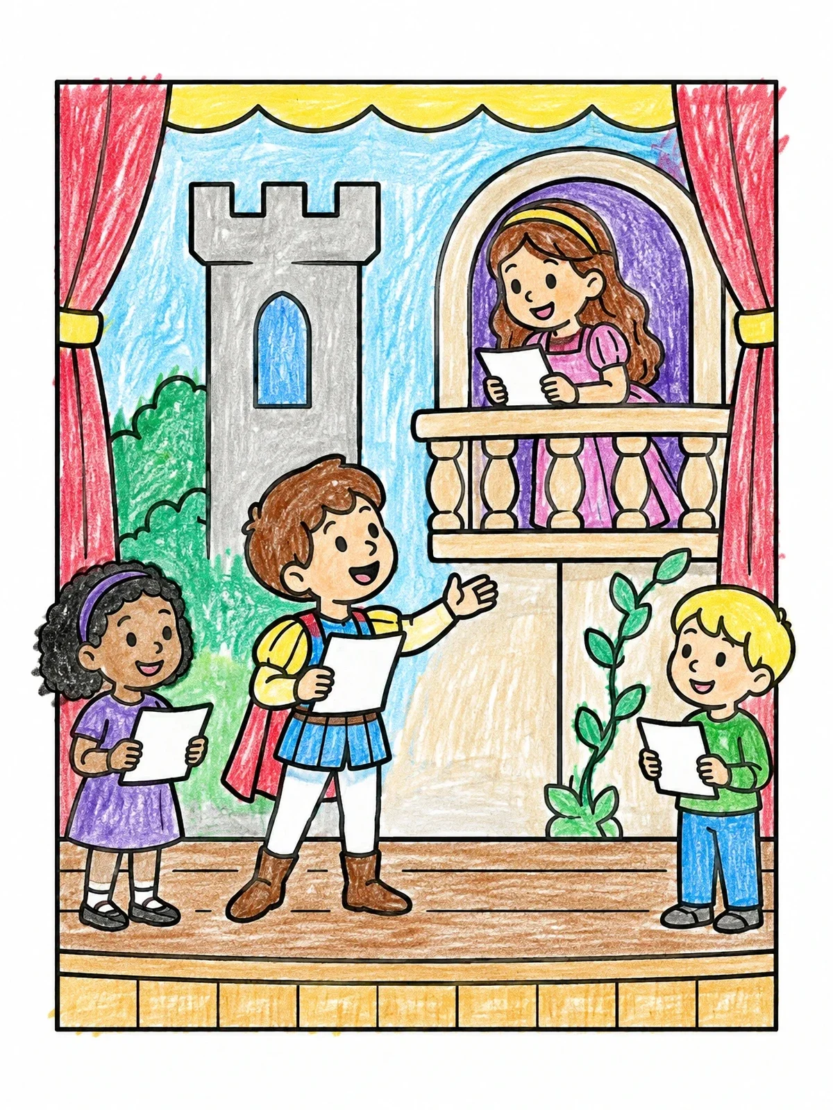 Colored example of the Kids Rehearsing A School Play coloring page