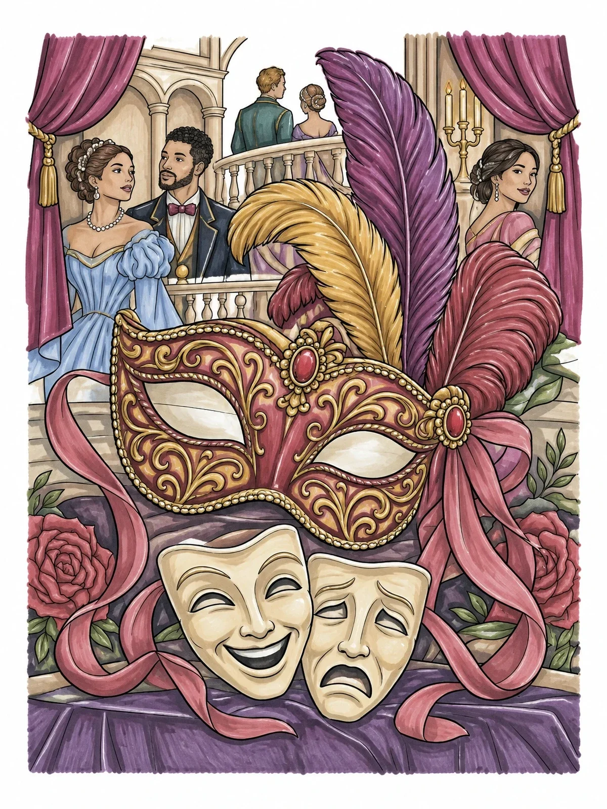 Colored example of the Masquerade Ball And Theater Masks coloring page