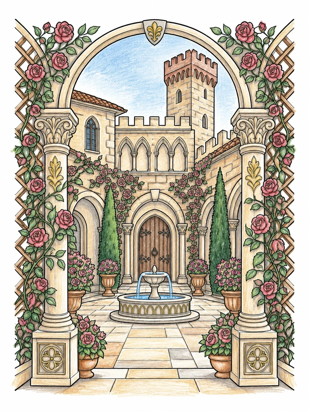 Colored example of the Romantic Verona Castle Courtyard coloring page