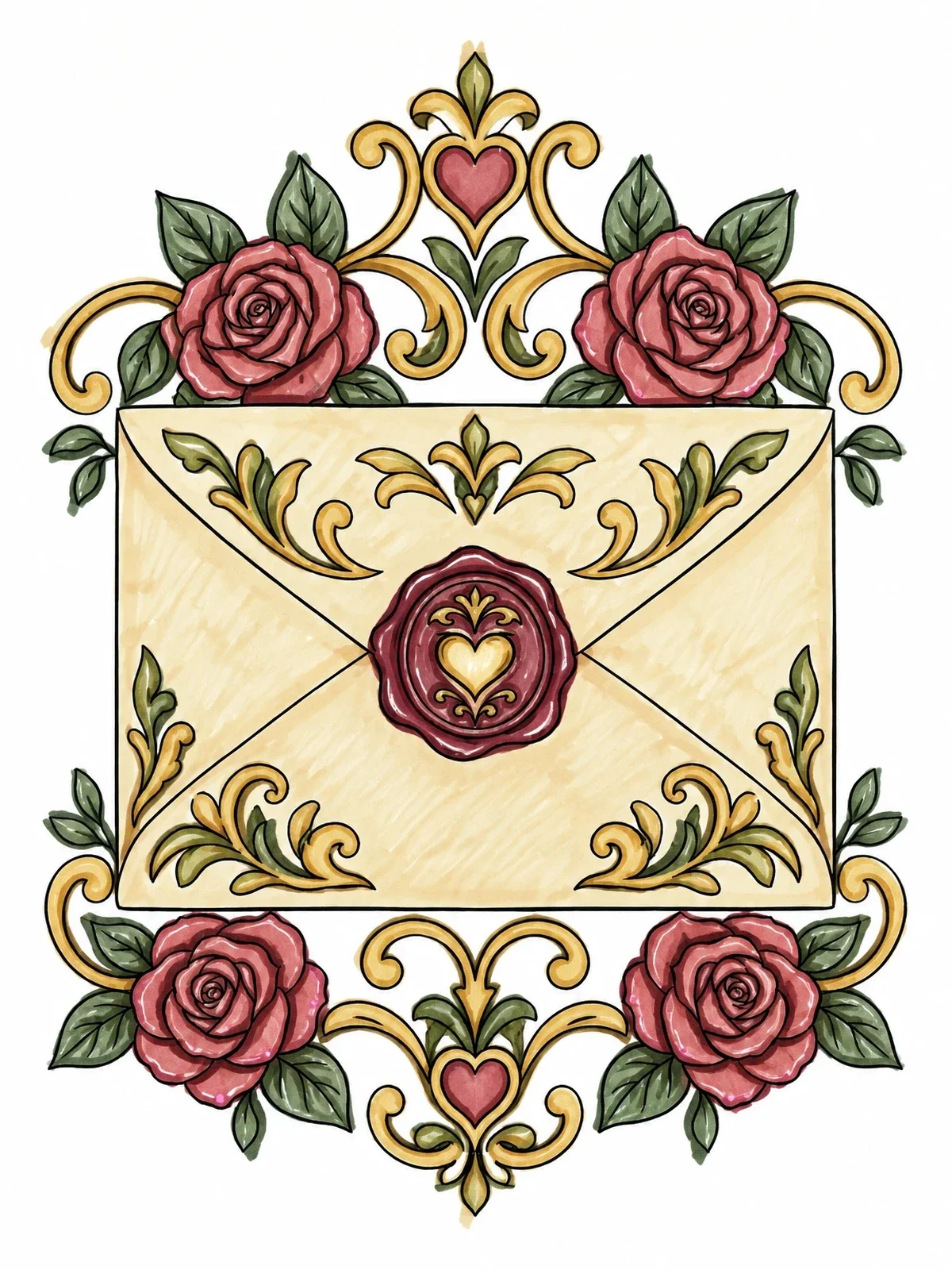 Colored example of the Sealed Romantic Love Letter With Roses coloring page