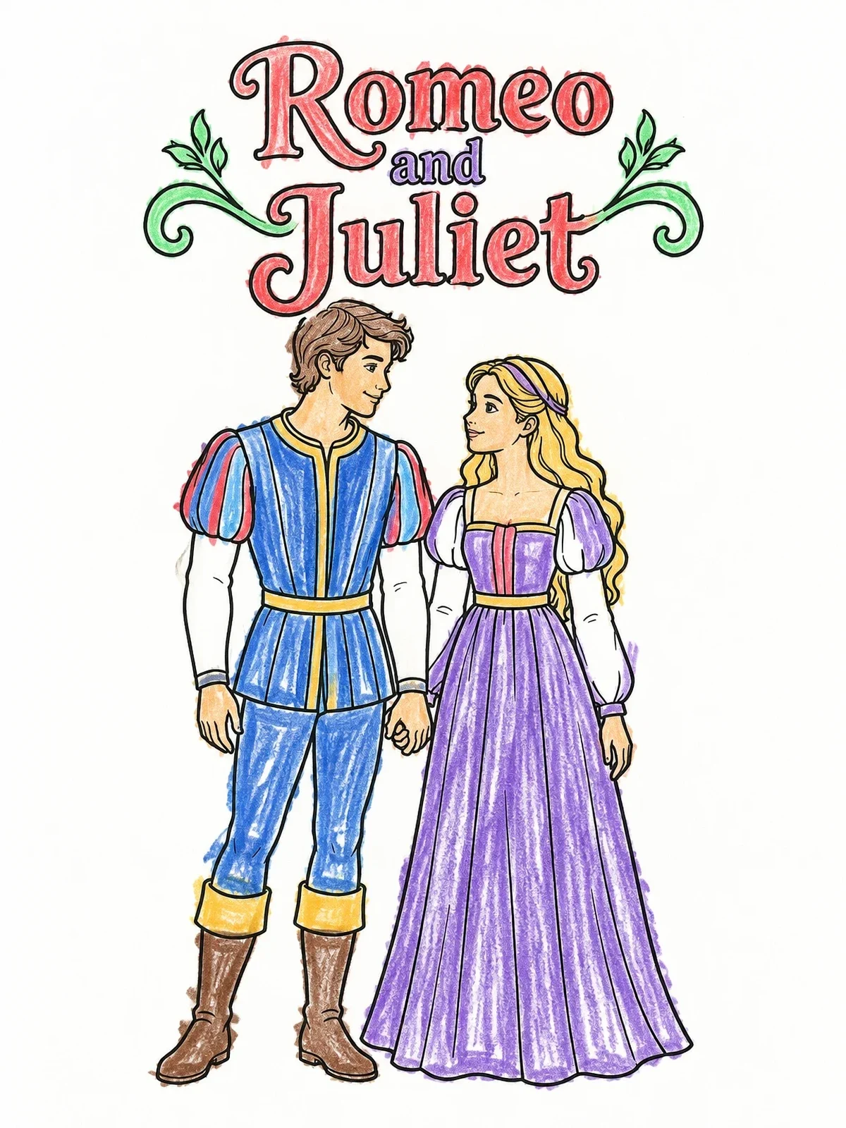 Colored example of the Romeo And Juliet Holding Hands coloring page