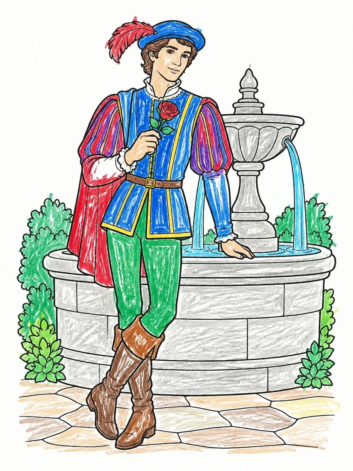 Colored example of the Romeo By The Stone Fountain coloring page