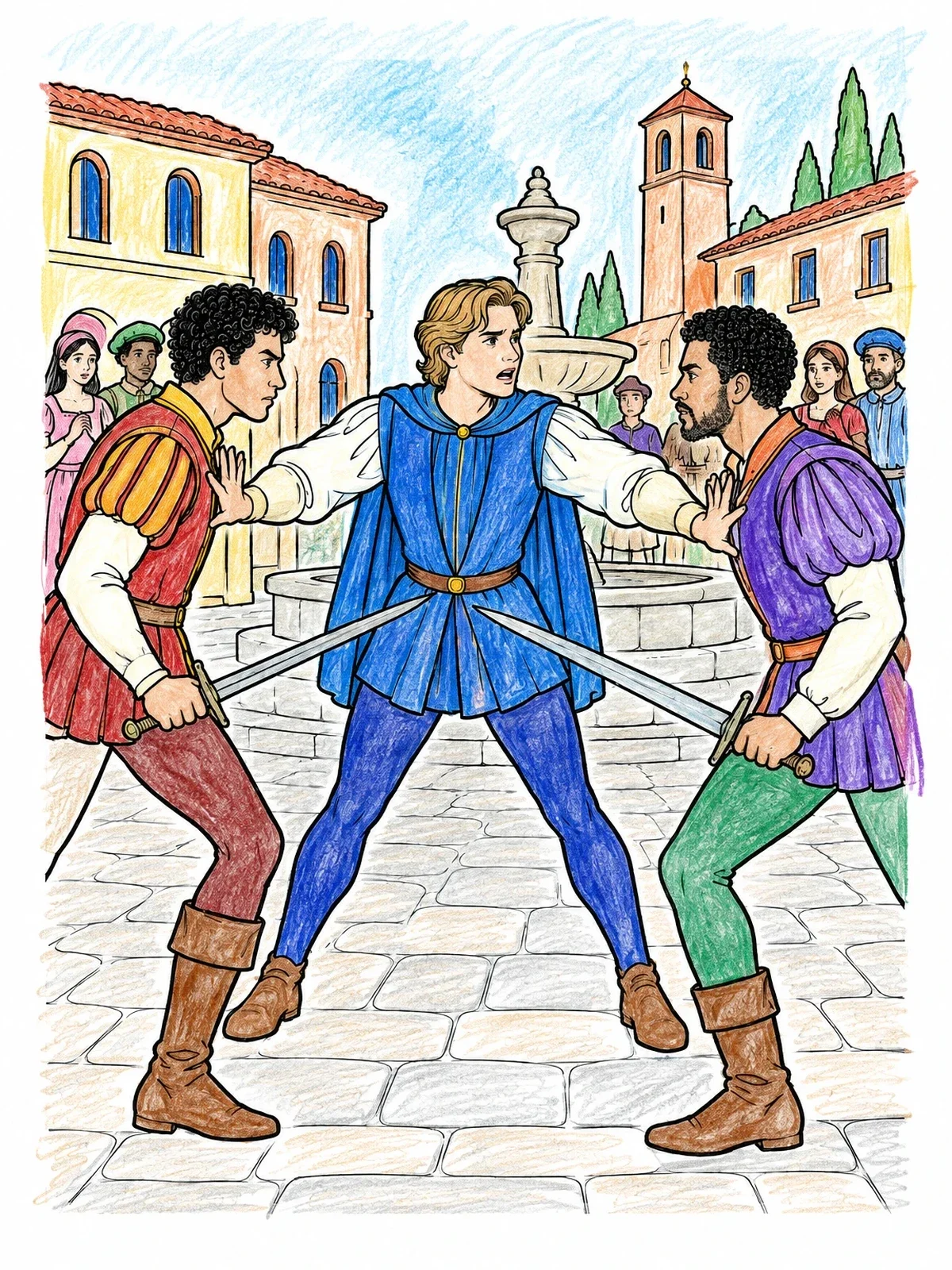 Colored example of the Romeo Intervening Between Tybalt And Mercutio coloring page