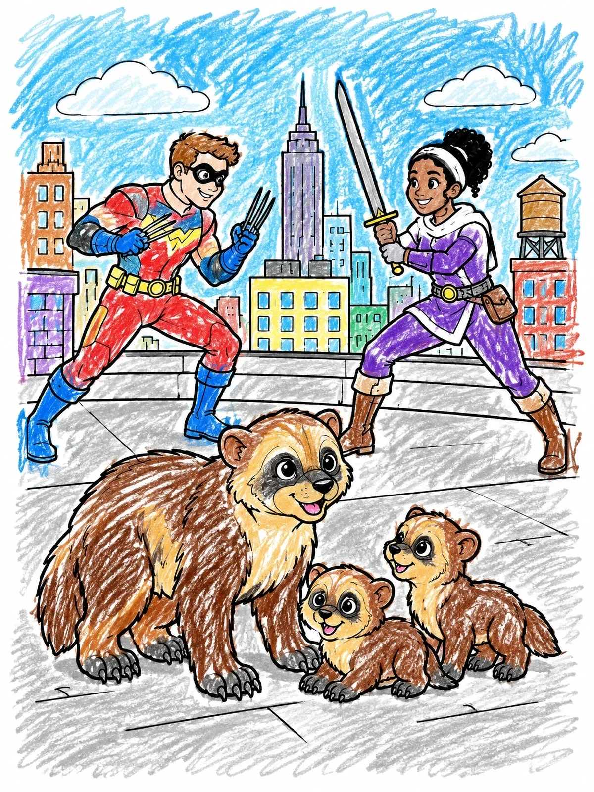 Colored example of the Rooftop Heroes And Cute Wolverine Family coloring page