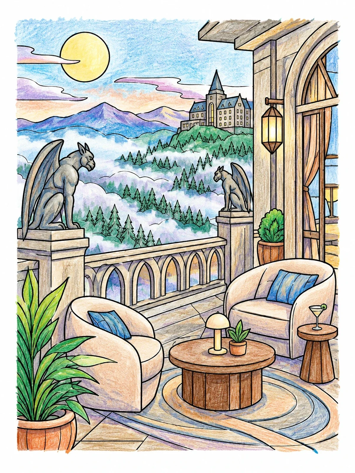 Colored example of the Rooftop Hotel Terrace With Gargoyles coloring page