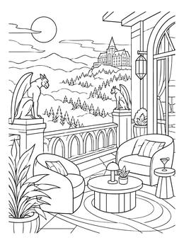 Free printable Rooftop Hotel Terrace With Gargoyles coloring page