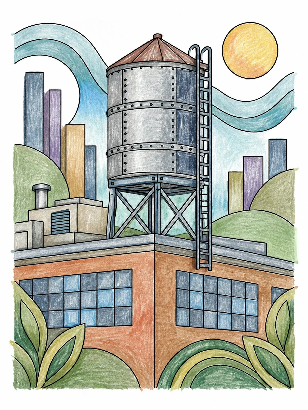 Colored example of the Rooftop Water Tank On Warehouse coloring page