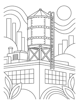 A vintage industrial warehouse water tower coloring page with clear outlines.