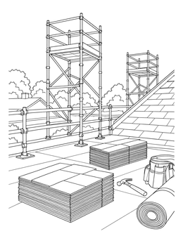 A construction coloring page showing a rooftop work site with scaffolding towers, stacks of shingles, and tools.