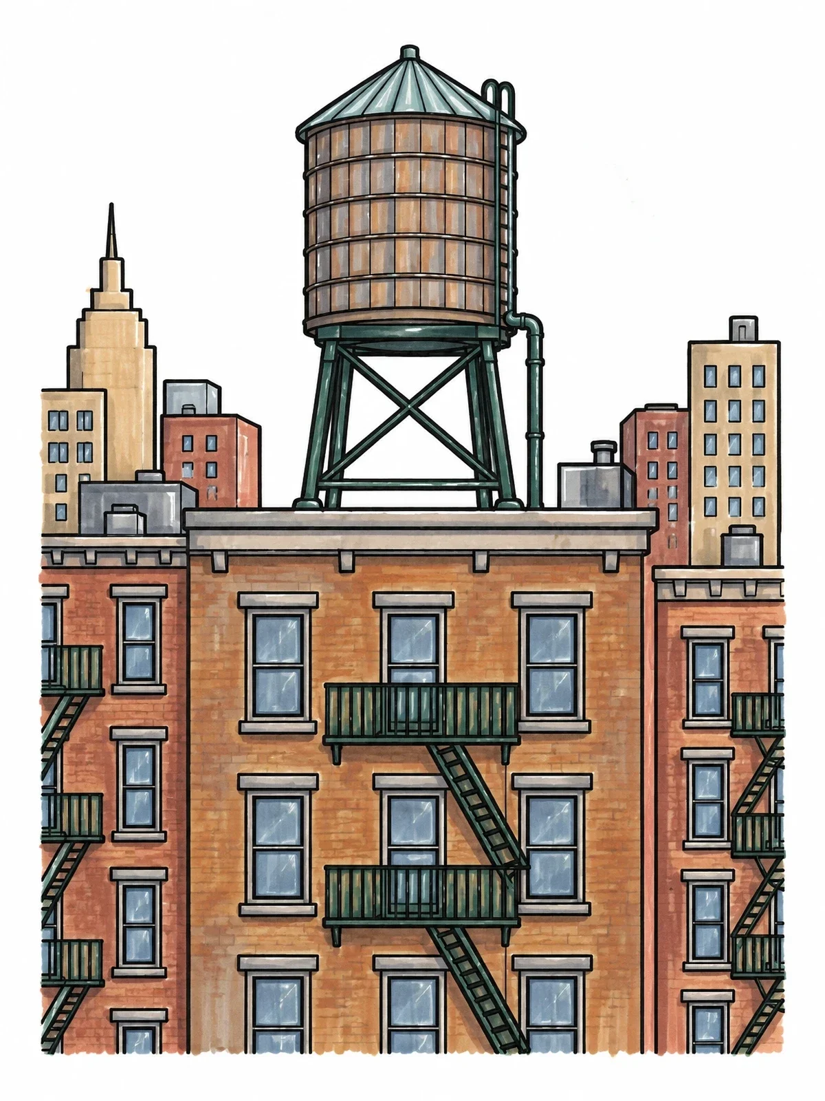 Colored example of the Rooftop Water Tank Over City Buildings coloring page