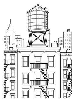 Classic urban rooftop water tower coloring page with city apartment facades.