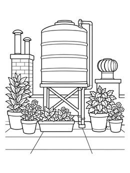 A rooftop water tower coloring page with potted plants, vents, and a brick chimney.