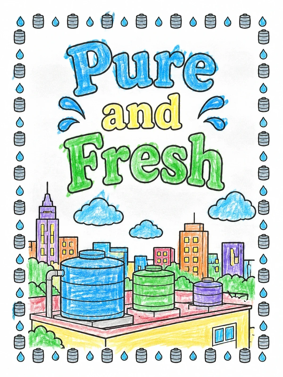 Colored example of the Rooftop Water Tanks In The City coloring page