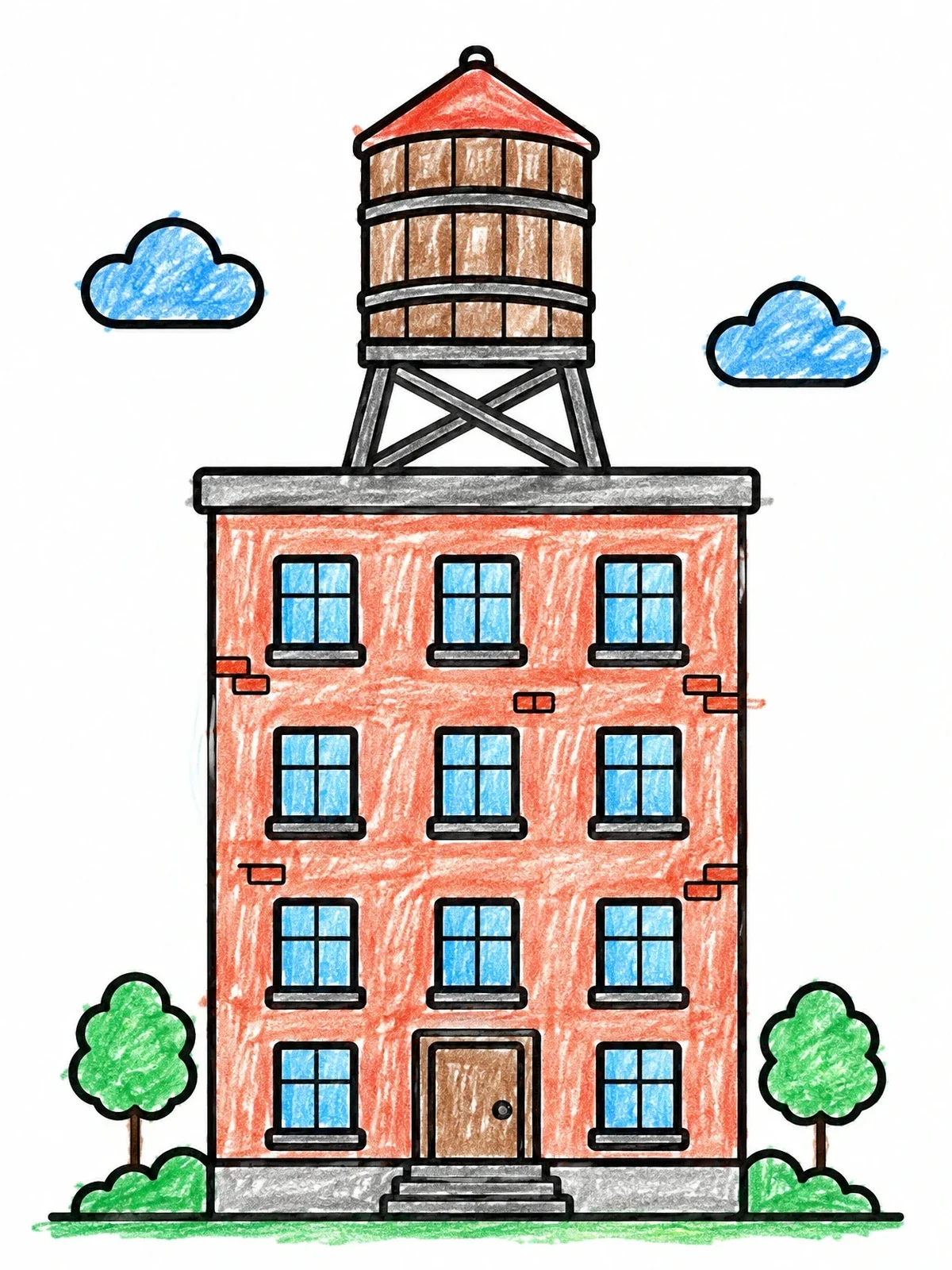 Colored example of the Rooftop Water Tower On Apartment Building coloring page