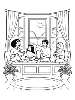 Free printable Family Cozy On Bay Window Bench coloring page