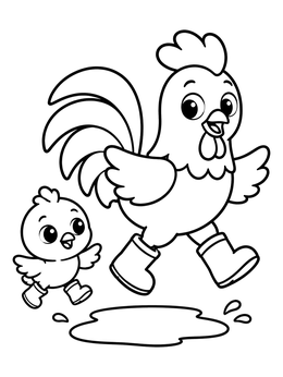Free printable Rooster And Chick Splashing In Boots coloring page