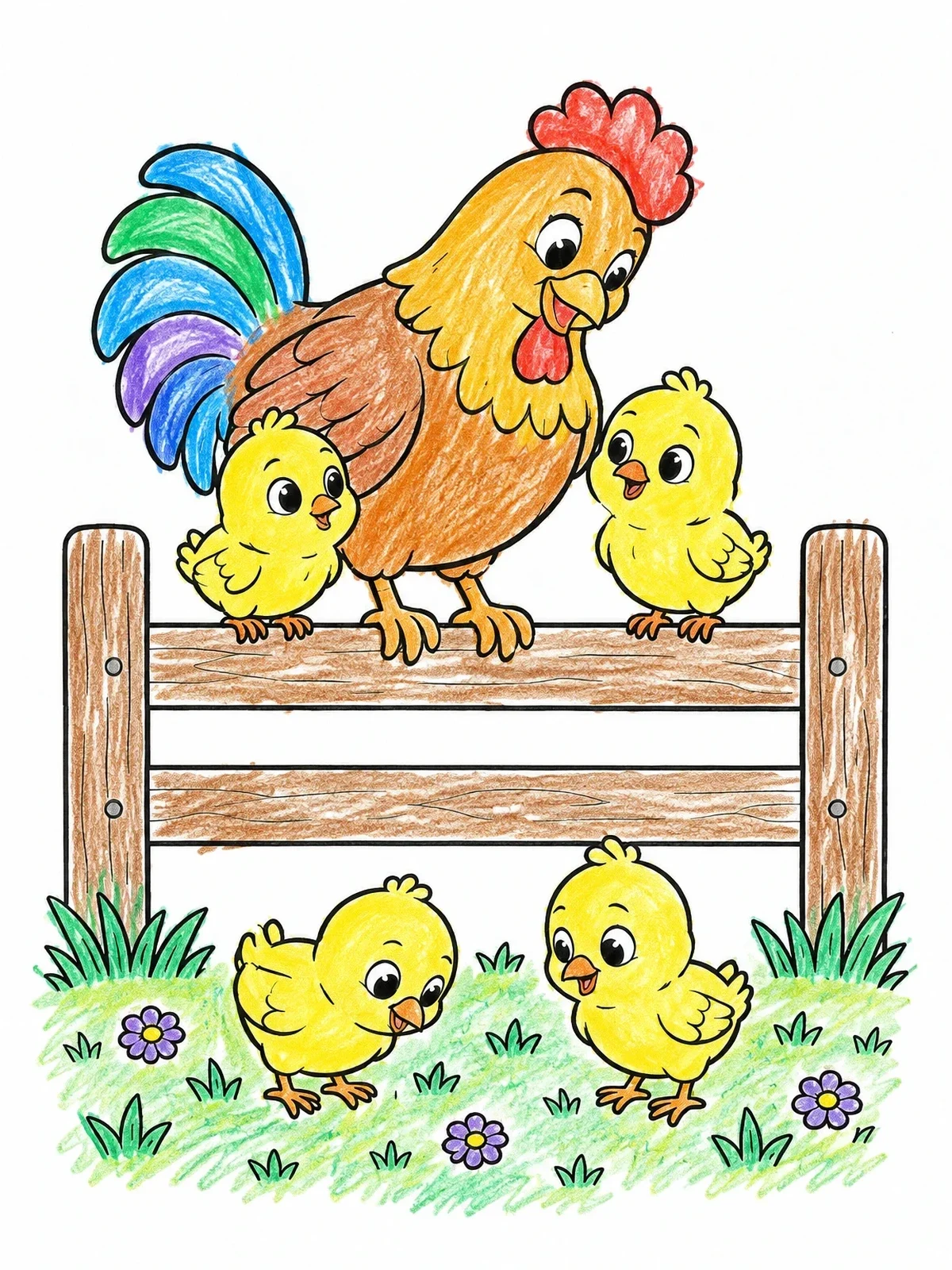 Colored example of the Rooster And Cute Chicks On Fence coloring page