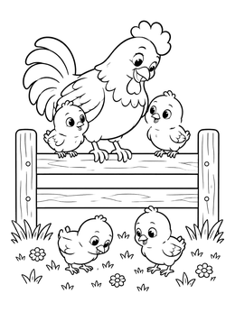 A friendly rooster coloring page showing a rooster on a wooden fence watching baby chicks.