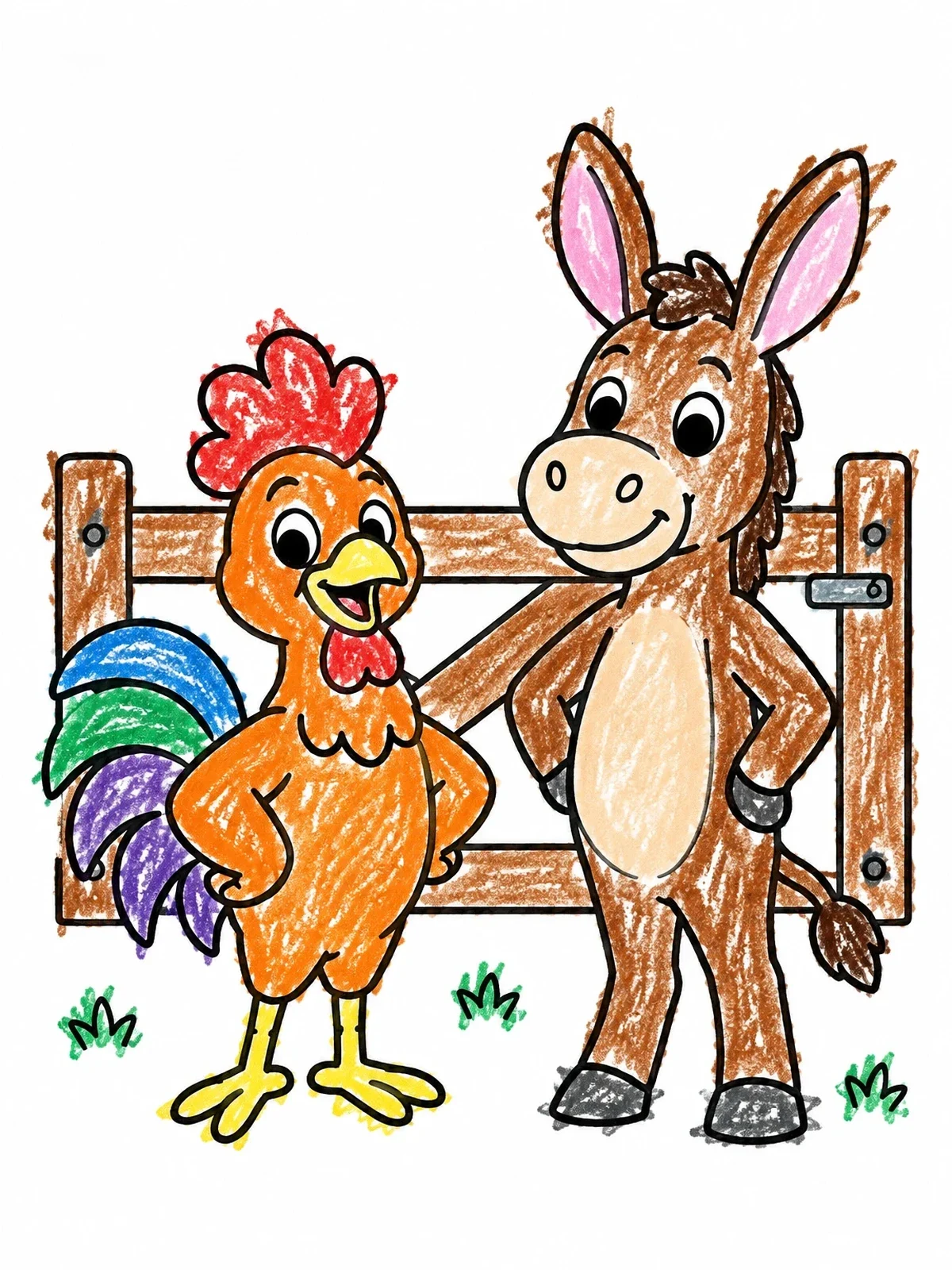 Colored example of the Rooster And Donkey By The Gate coloring page
