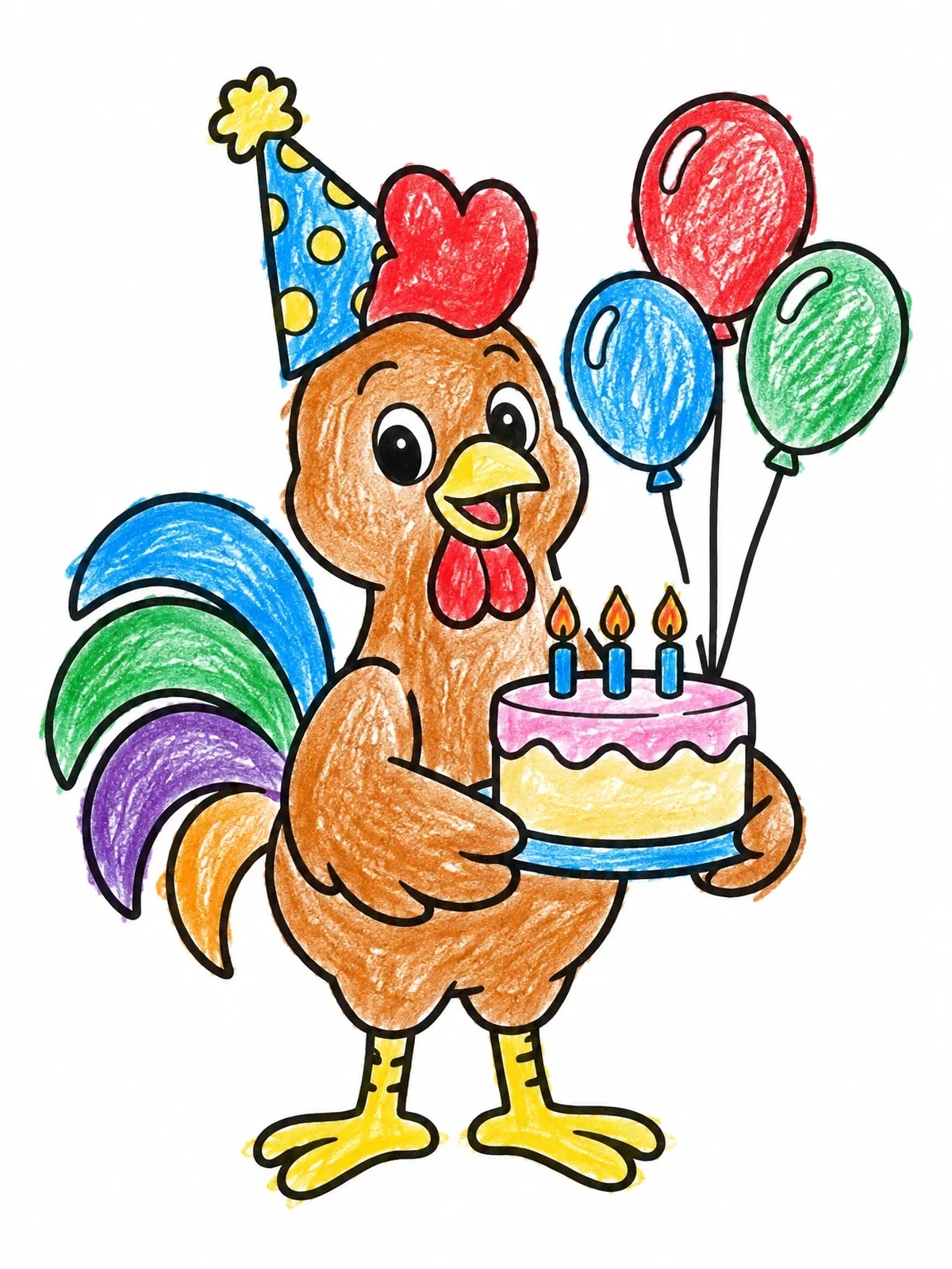 Colored example of the Rooster Celebrating With Birthday Cake coloring page