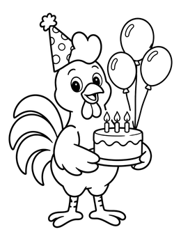 A cheerful cartoon rooster coloring page holding a cake with candles and balloons.