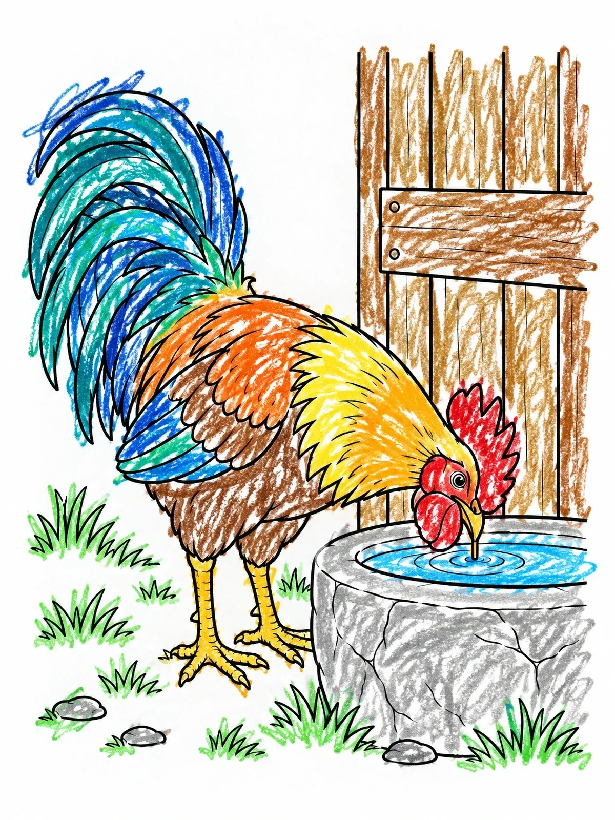 Colored example of the Rooster Drinking By The Barn coloring page