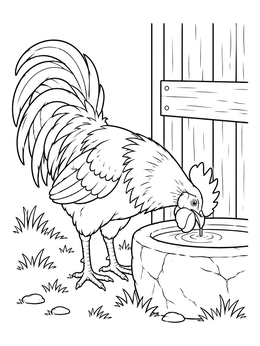 A rooster coloring page showing a cockerel drinking fresh water from a stone basin next to a barn.